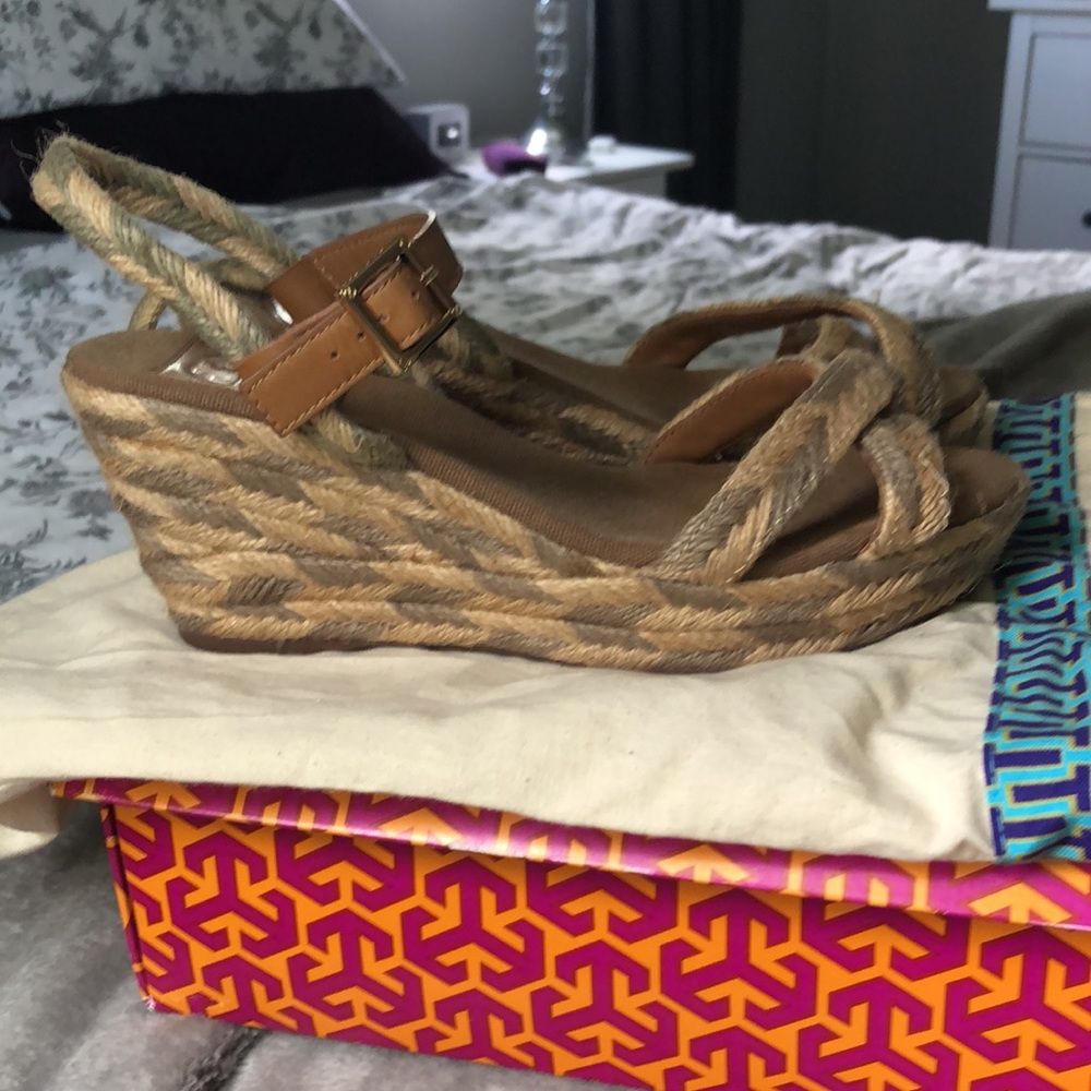 Tory Burch Khaki/Royal Tan Camelia Mid Wedge Espadrille Sz 8 - Picture 1 of 6